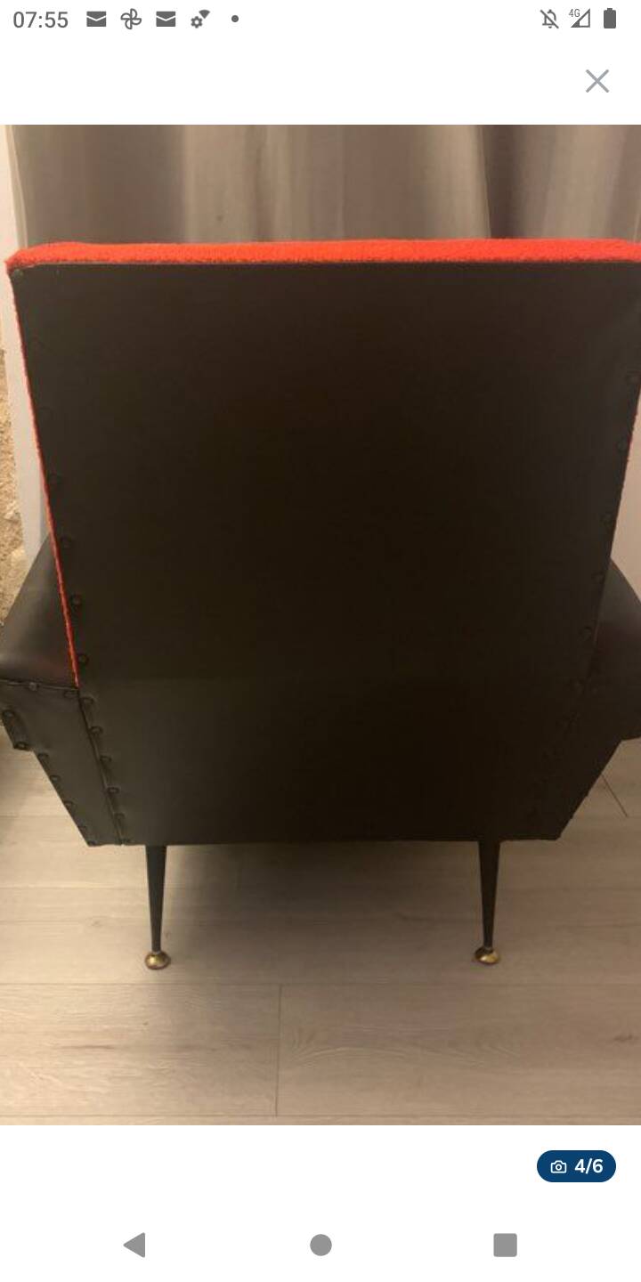 Brussels style armchair from the 50s/70s in faux leather and wool.