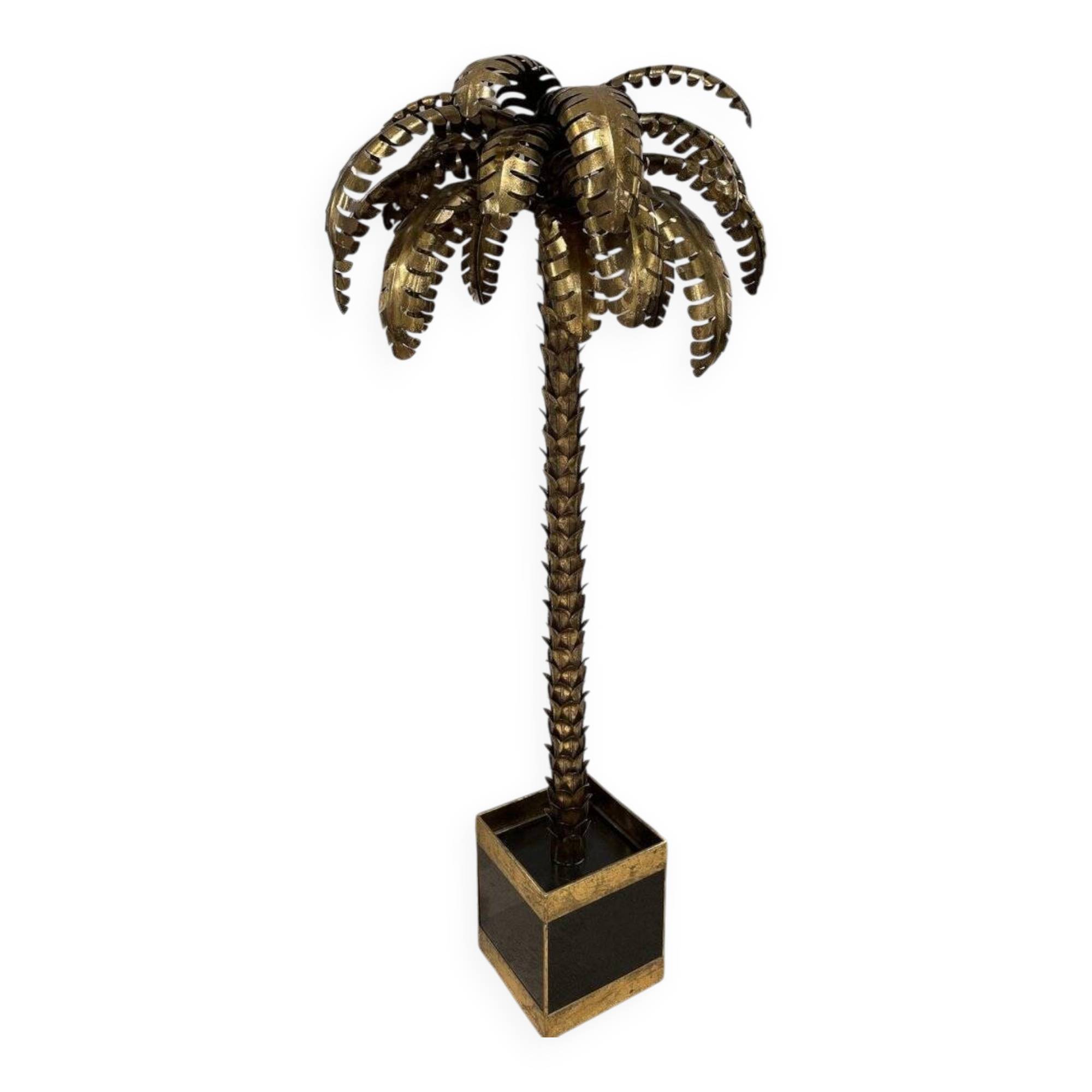 Palm Tree Floor Lamp in Gold Metal and Black Lacquered Mirror