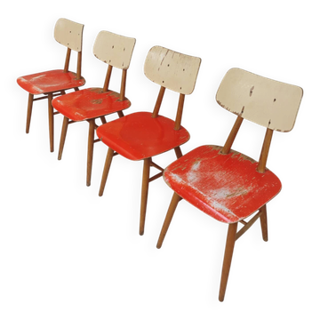 Set of 4 Ton (Thonet) red wooden chairs from the 1960s.