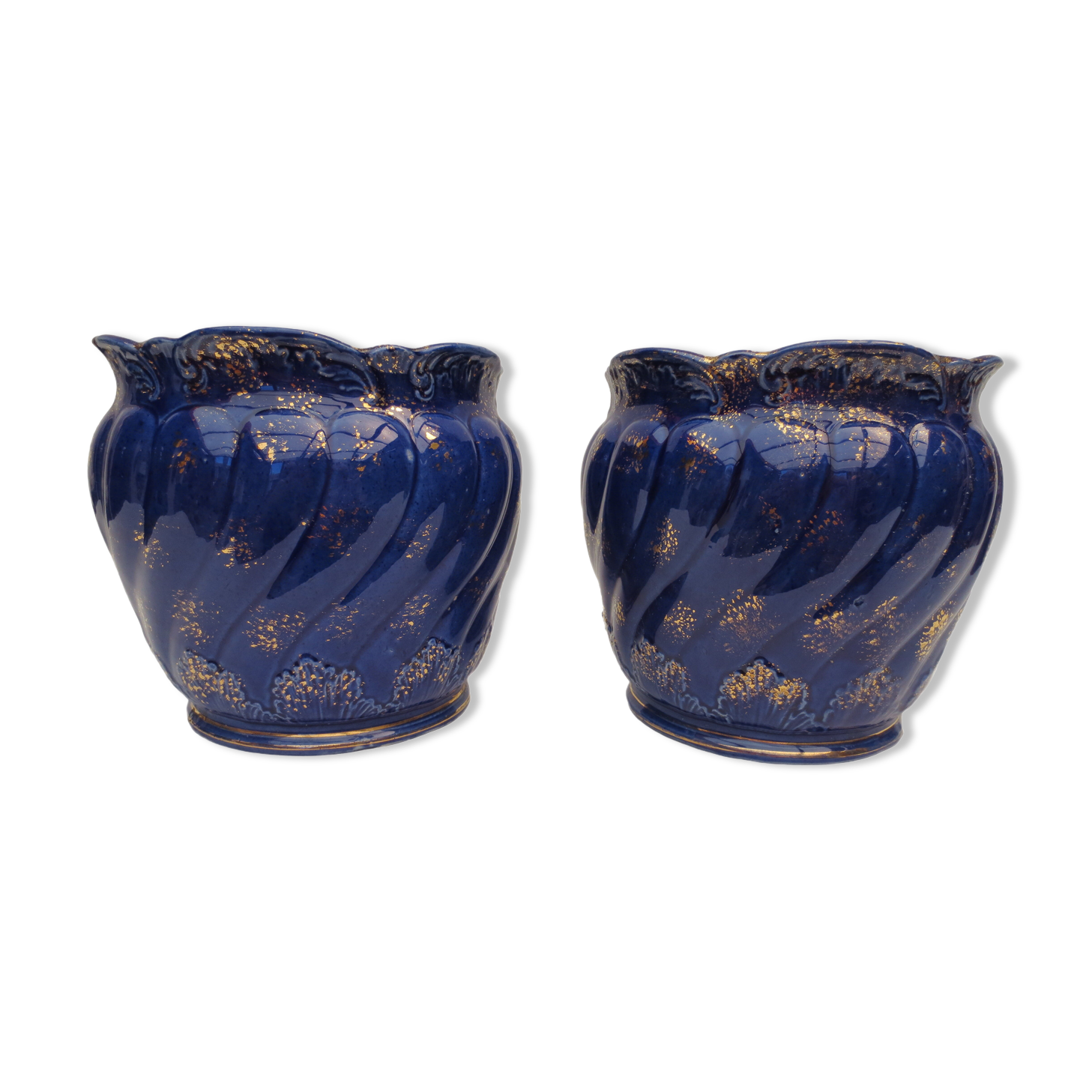 Pair of cache-old pots in midnight blue and gold ceramic