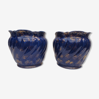 Paire de cache-pots anciens en céramique bleu nuit et doré