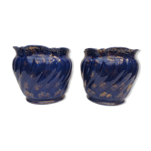 Pair of cache-old pots in midnight blue and gold ceramic