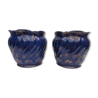 Pair of cache-old pots in midnight blue and gold ceramic