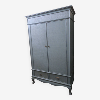 Painted blue-grey wardrobe in solid oak with hessian burlap finish, 1970-80