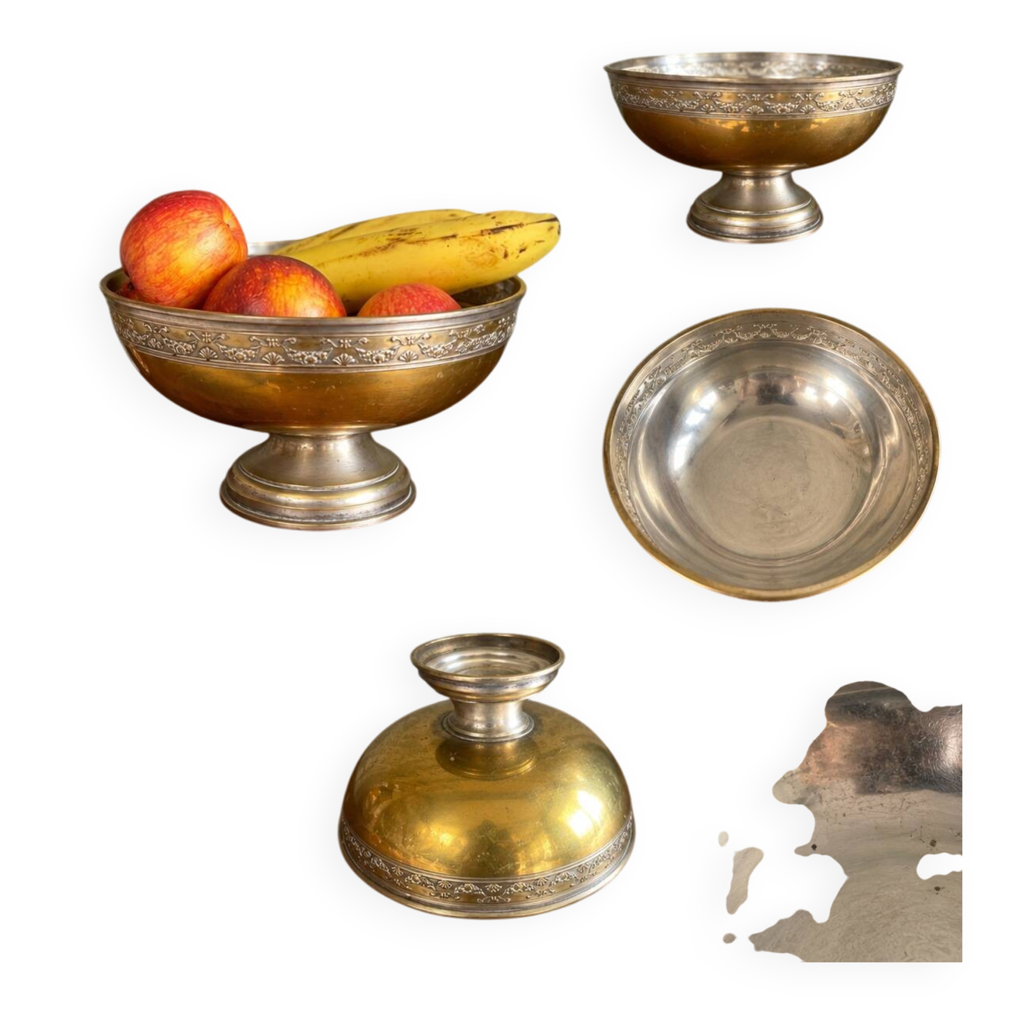 Vintage metal footed coupe in gold and silver – Floral decor