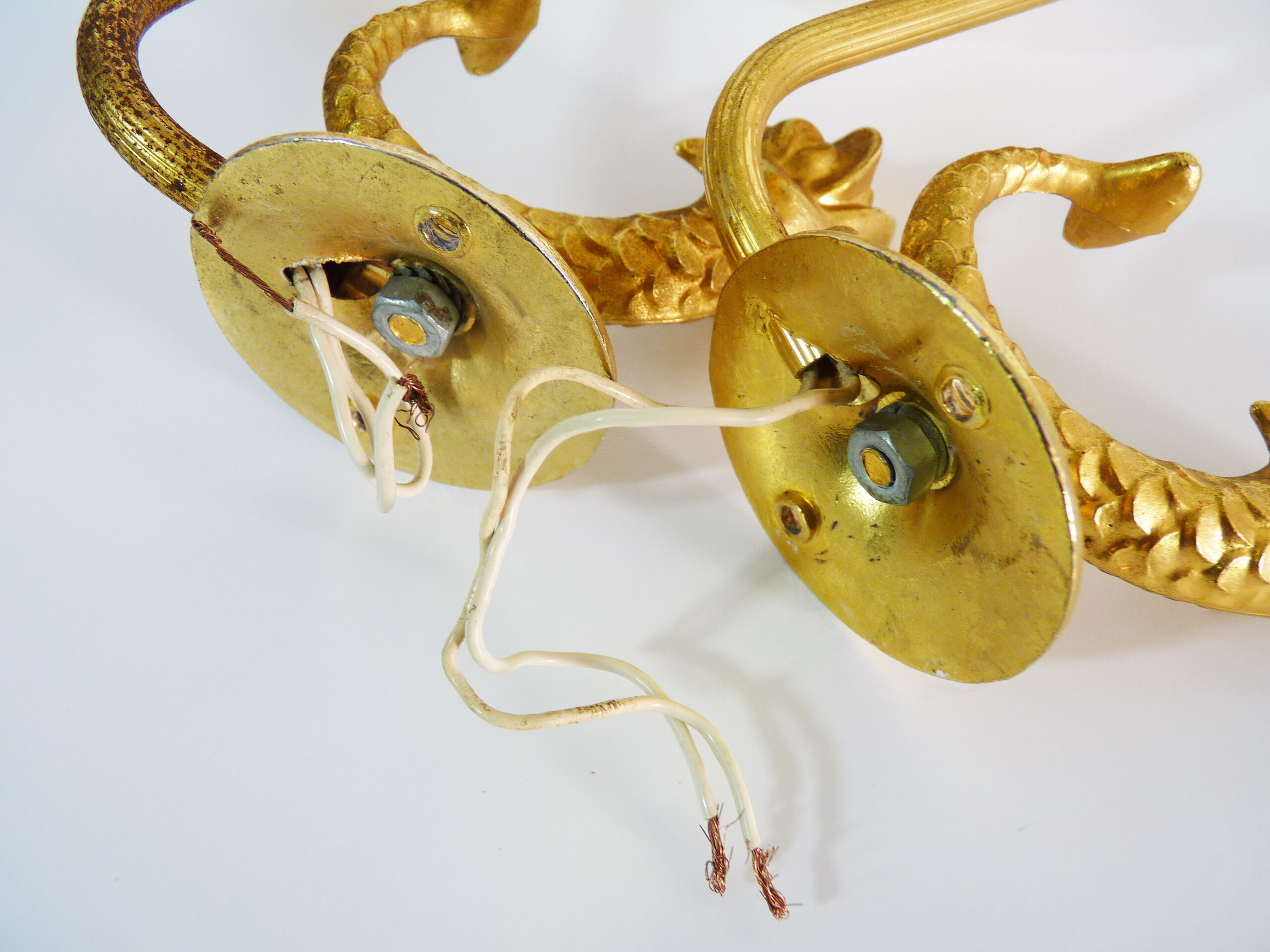Pair of wall lamps with carp fish, brass and white opaline globe 1960