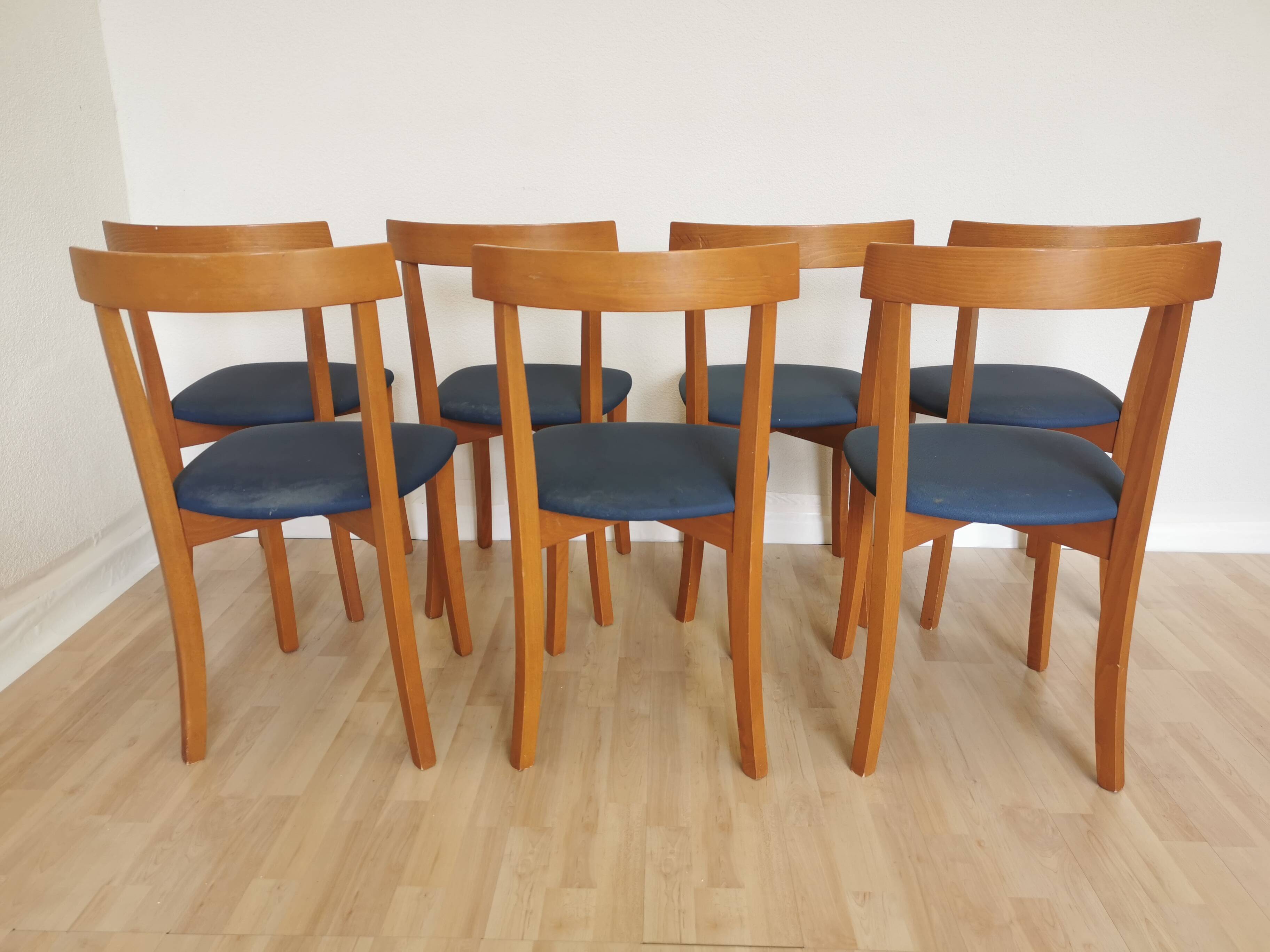 Set of 7 Vintage Calligaris Dining Chair: 1990s Italian Wooden Artek Style
