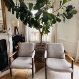 Pair of vintage mid-century armchairs in light gray linen