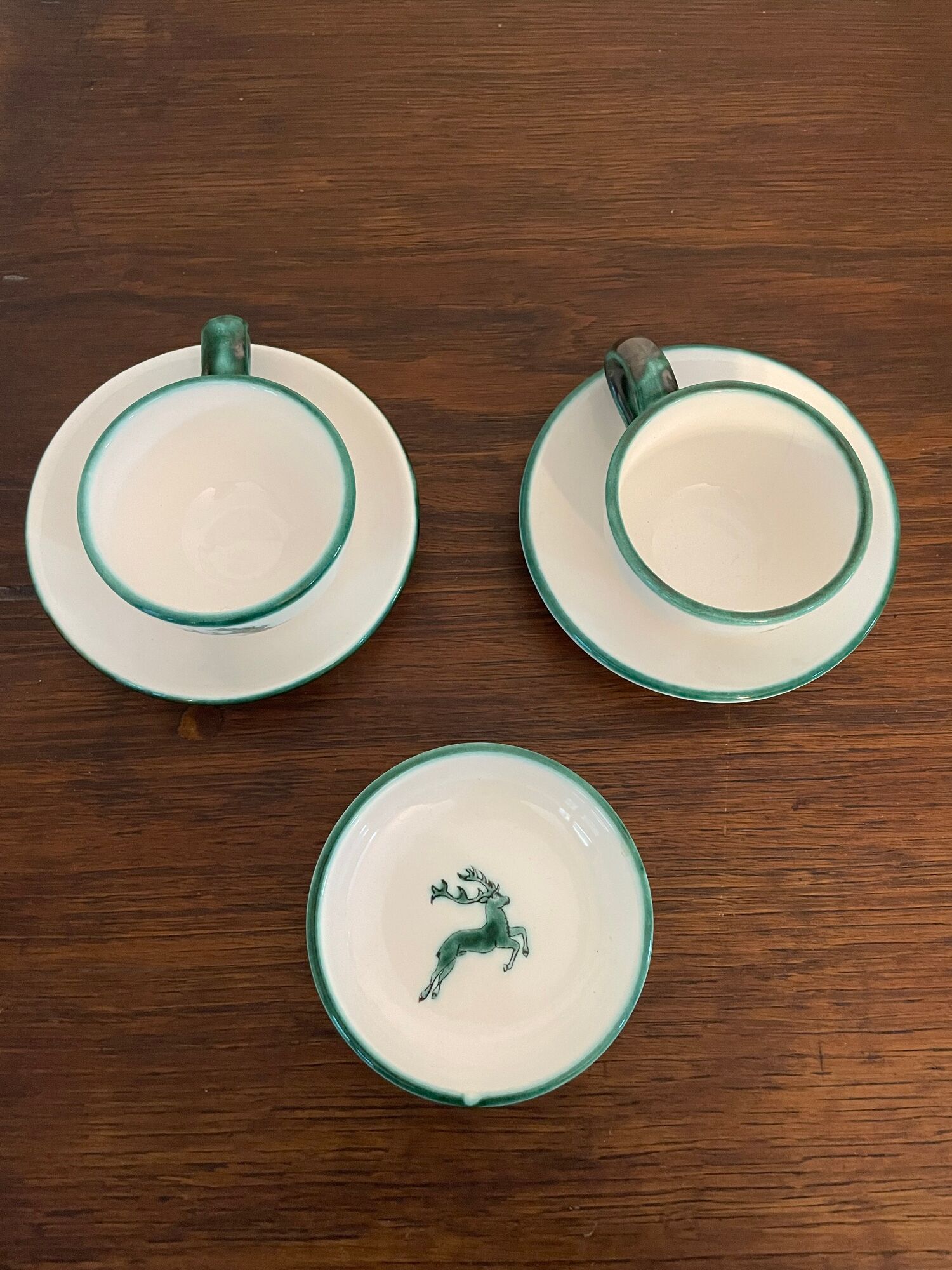Set of 2 espresso coffee cups and their cups Green Deer Pattern Gmundner Keramik