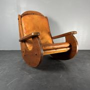 Brutalist pine rocking lounge chair with leather seat by Wasa 1984