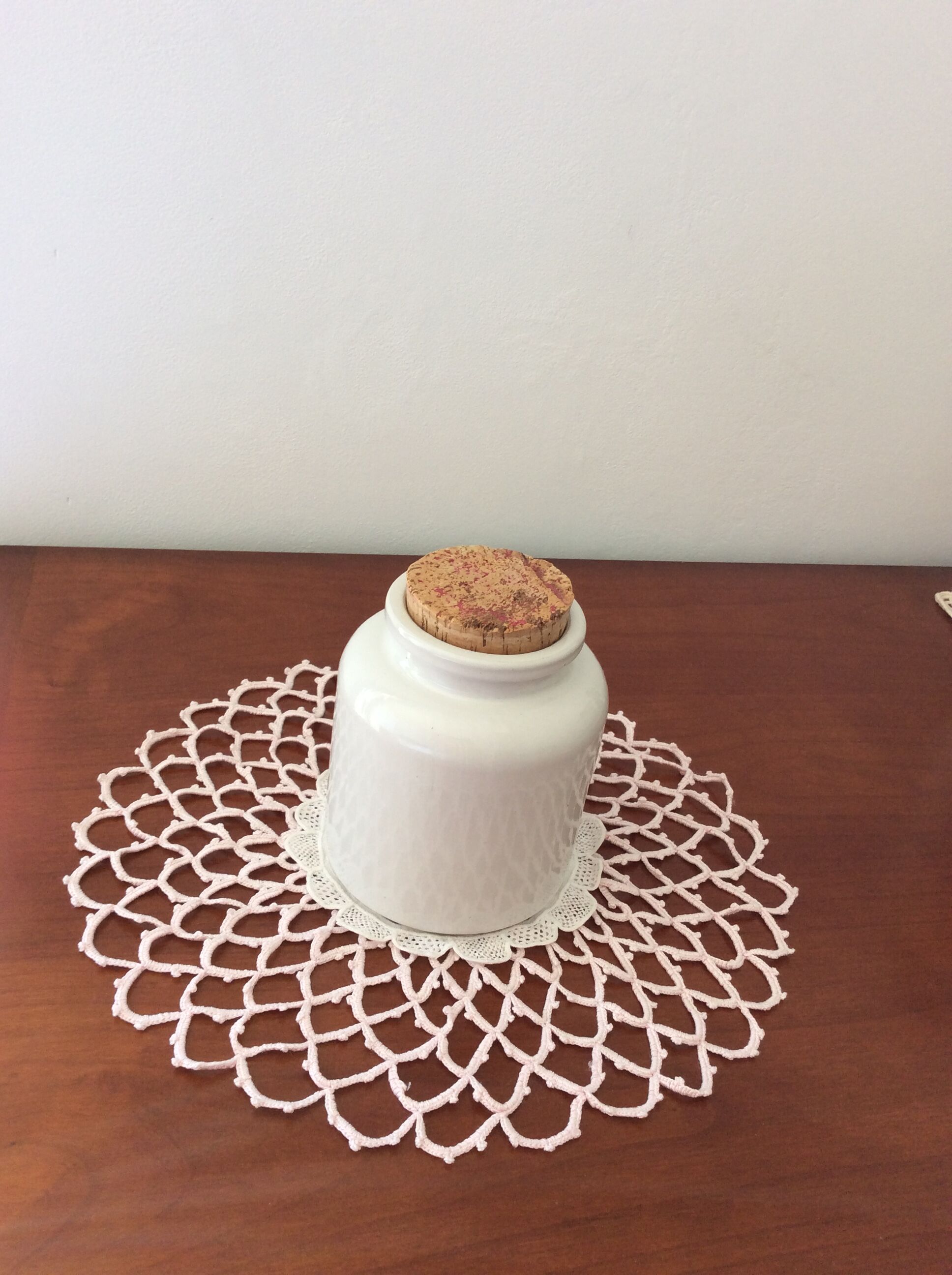 Old glazed stoneware mustard pot with cork stopper