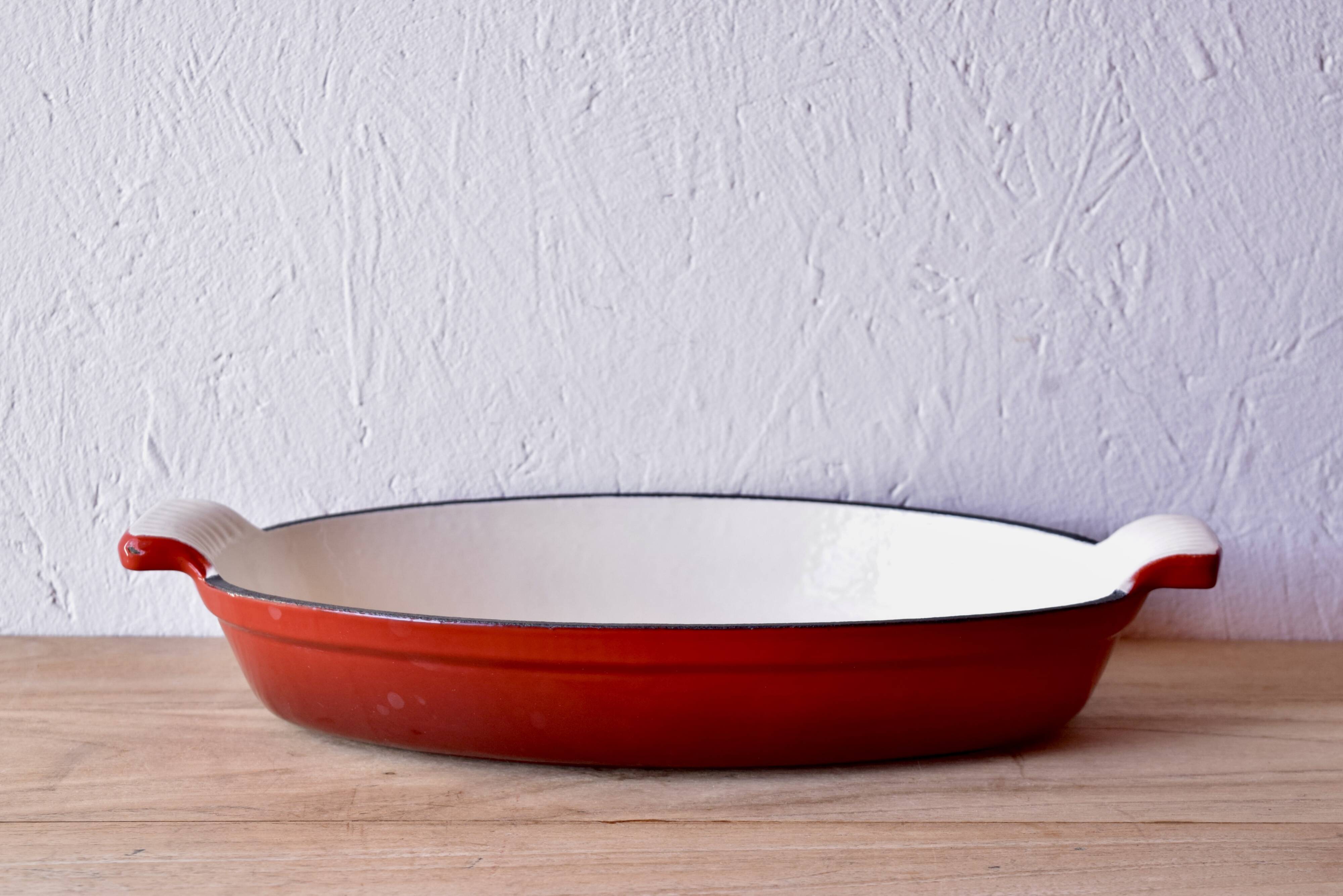 Red cast iron baking dish