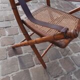 Bamboo folding chair and caning, leather and brass