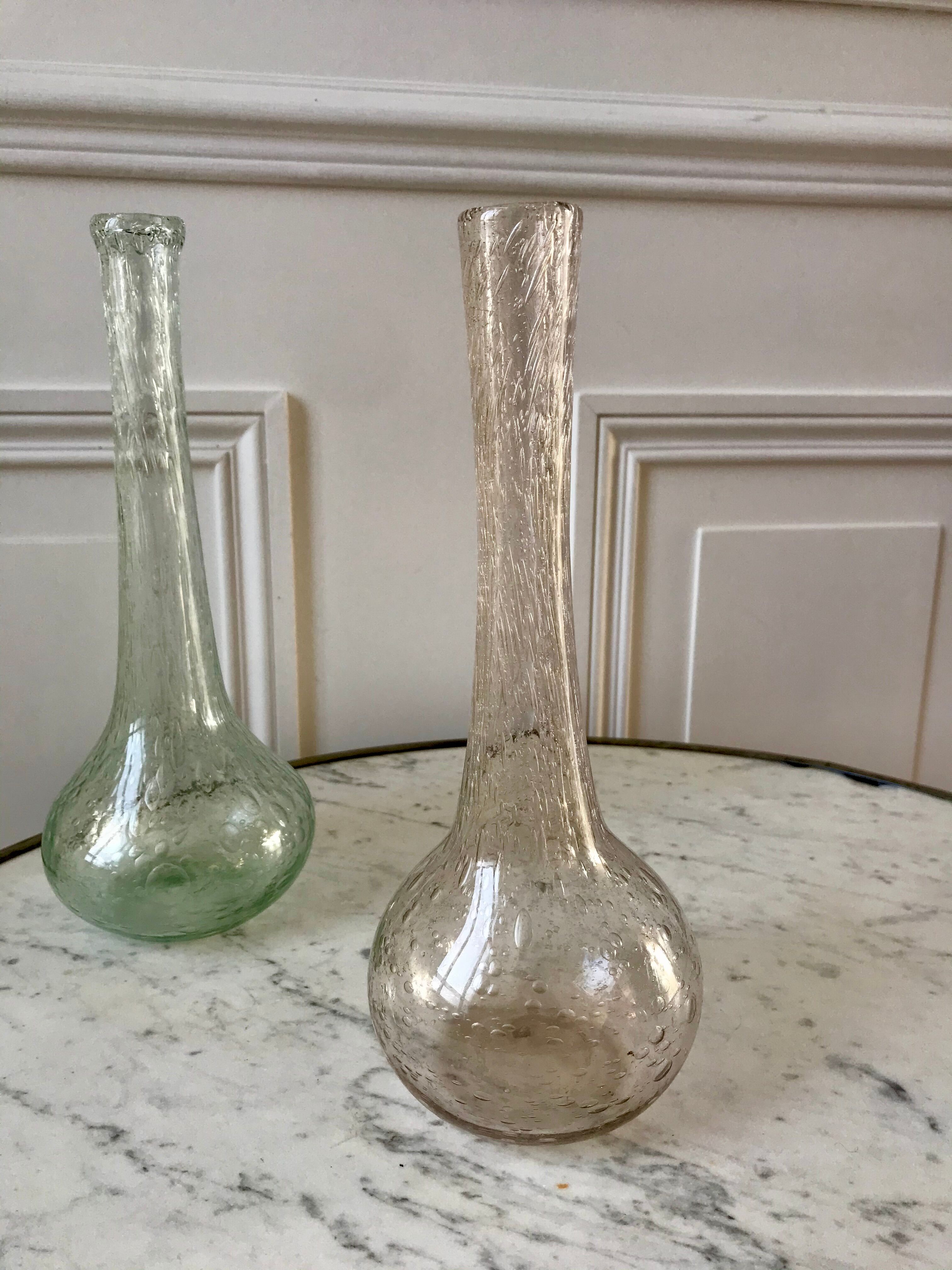 trio of Biot bubbled glass vases signed green 60s-70s