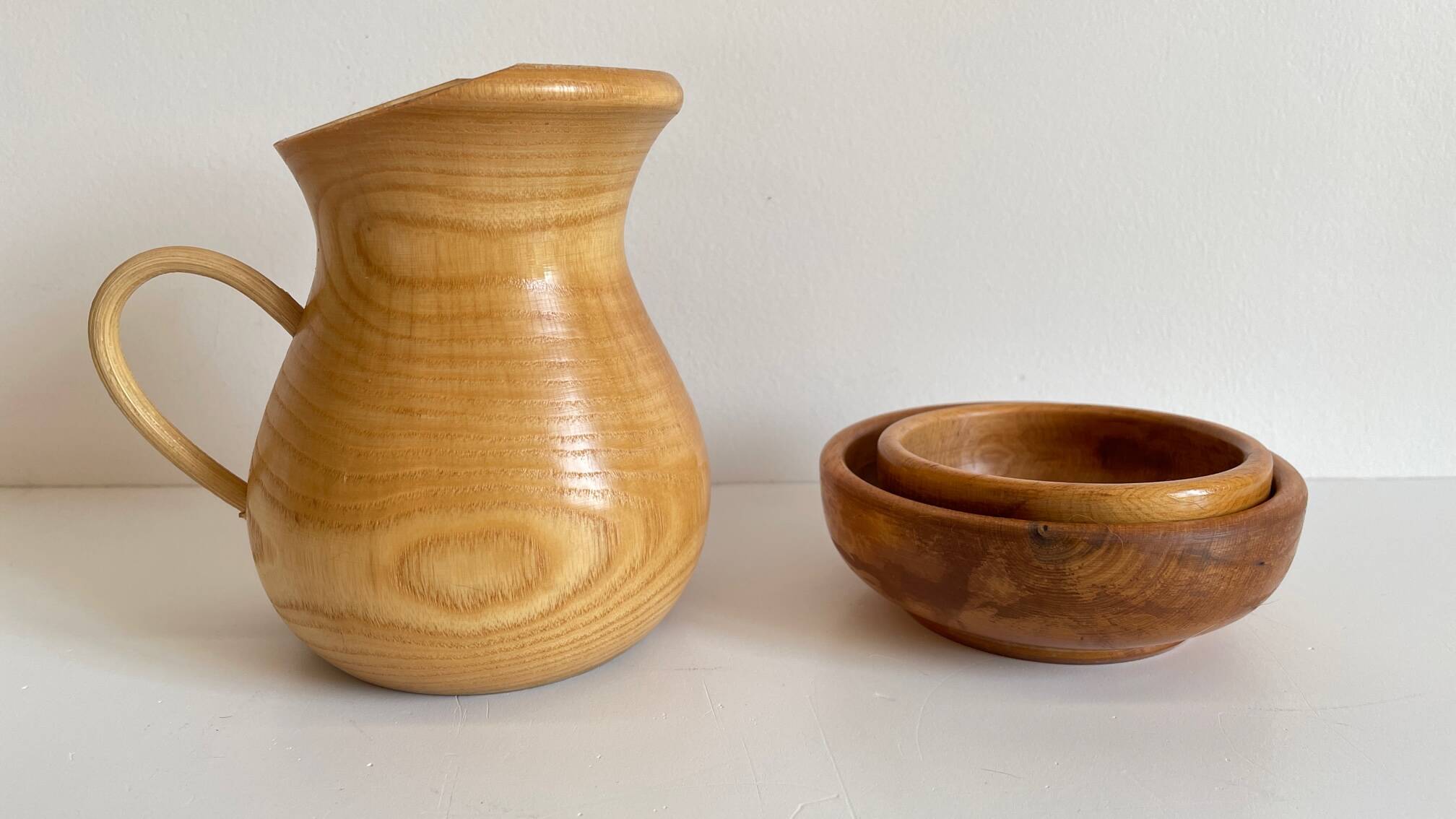 Vintage turned wood pitcher and 2 jars set