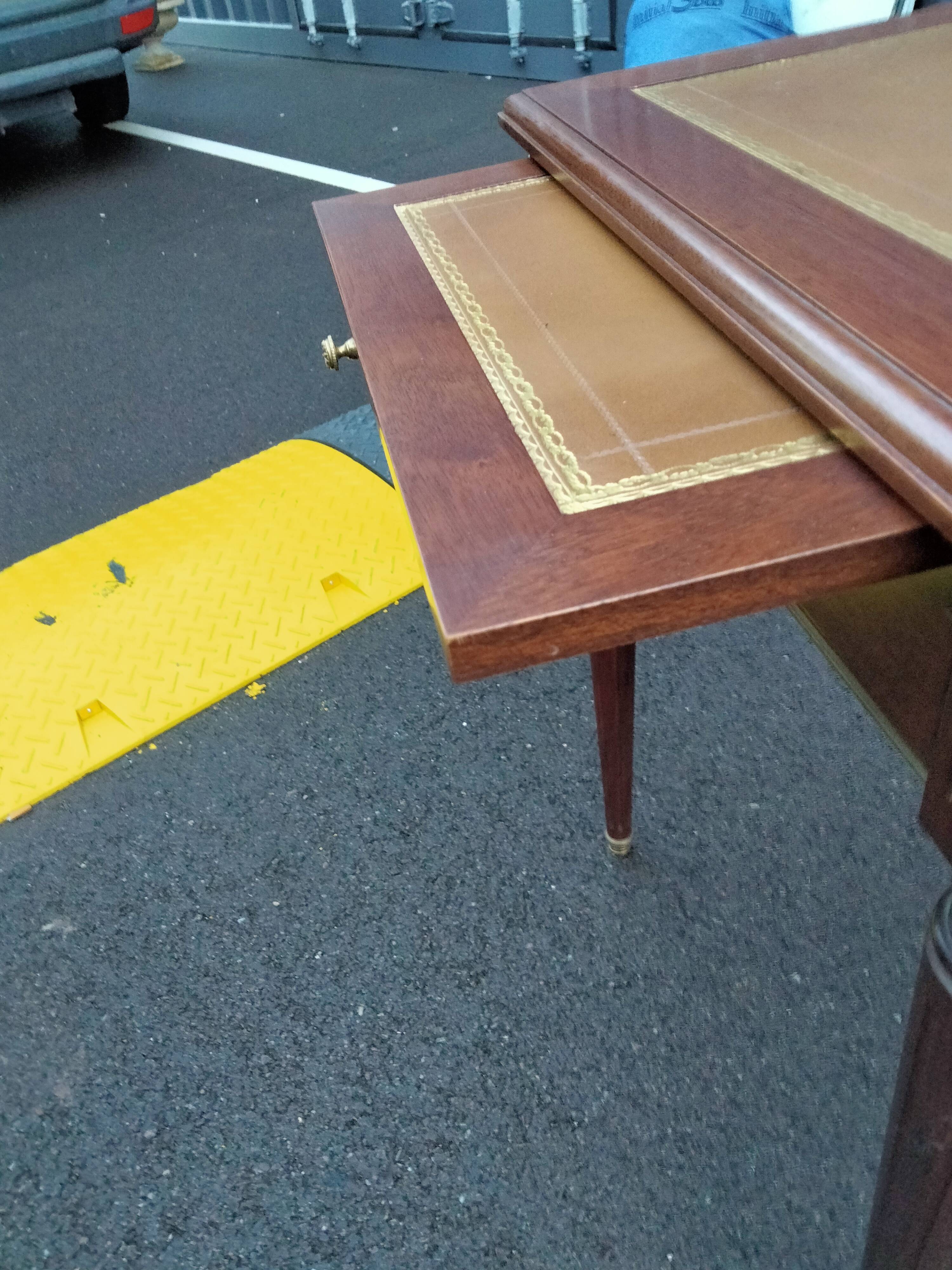 Old style flat desk louis xvi leather tray with 2 pulls