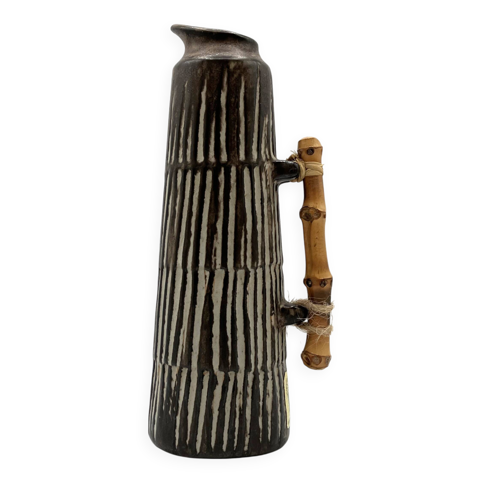 Vase pichet vintage en céramique et bambou • BR Keramik Danemark • 1960s