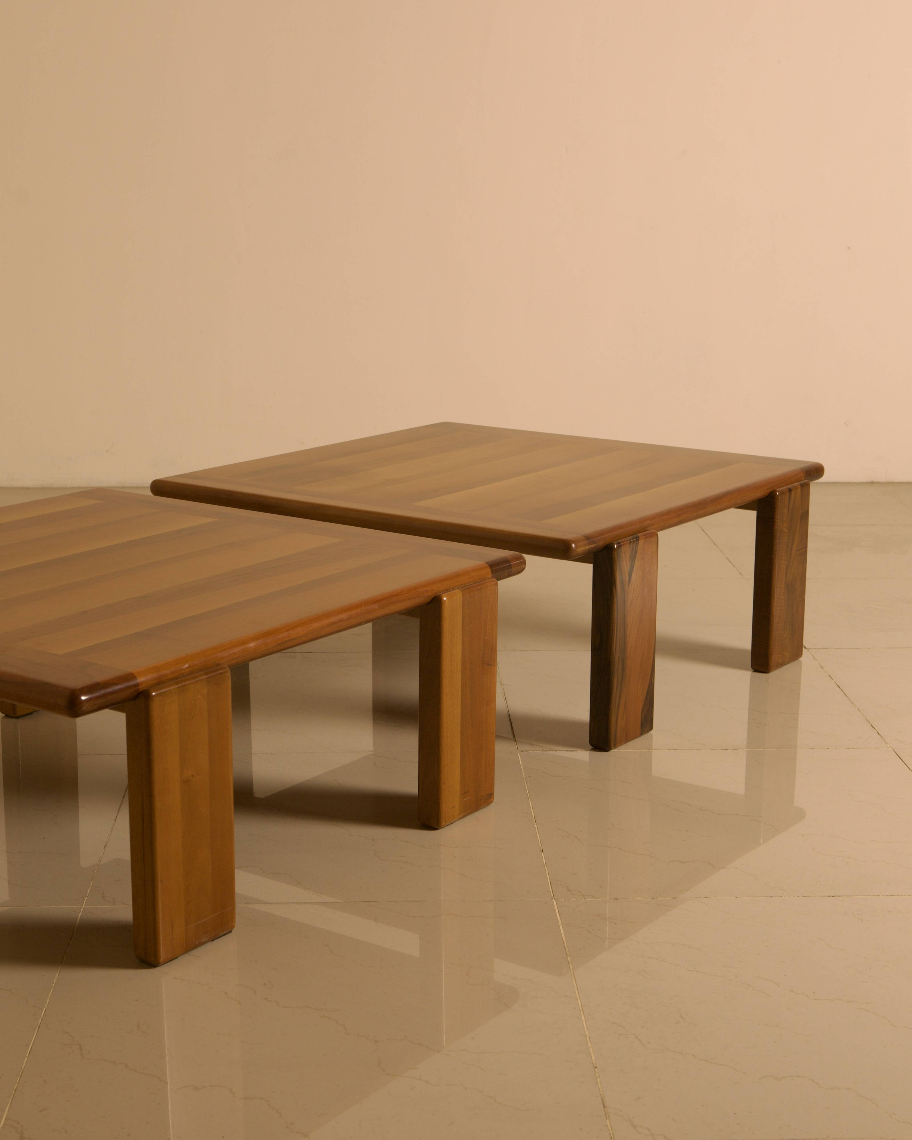 Pair of walnut coffee tables by Mario Marenco for Mobil Girgi 70's