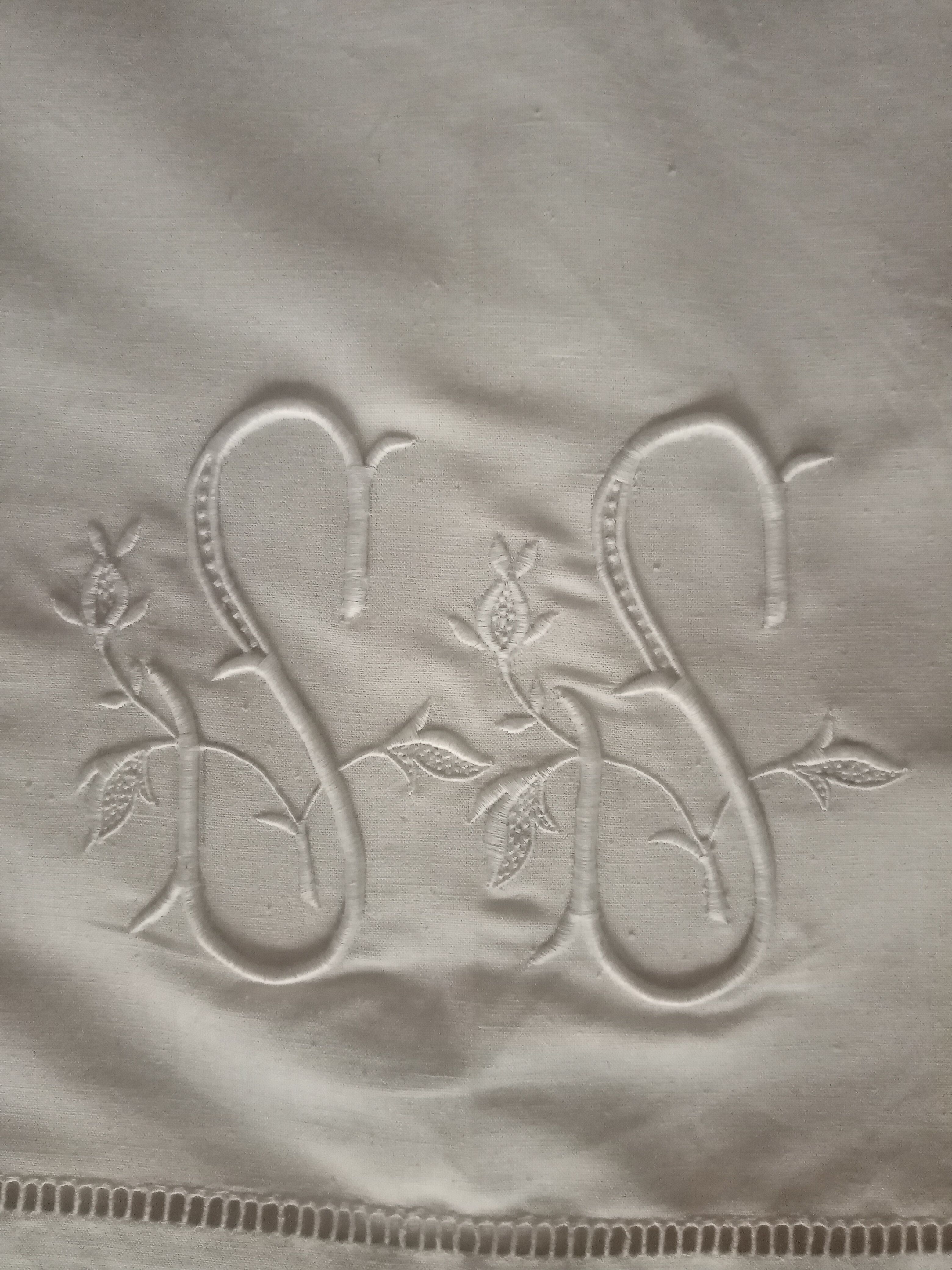 Old linen sheet embroidered monogram SS 320 X 230 cm