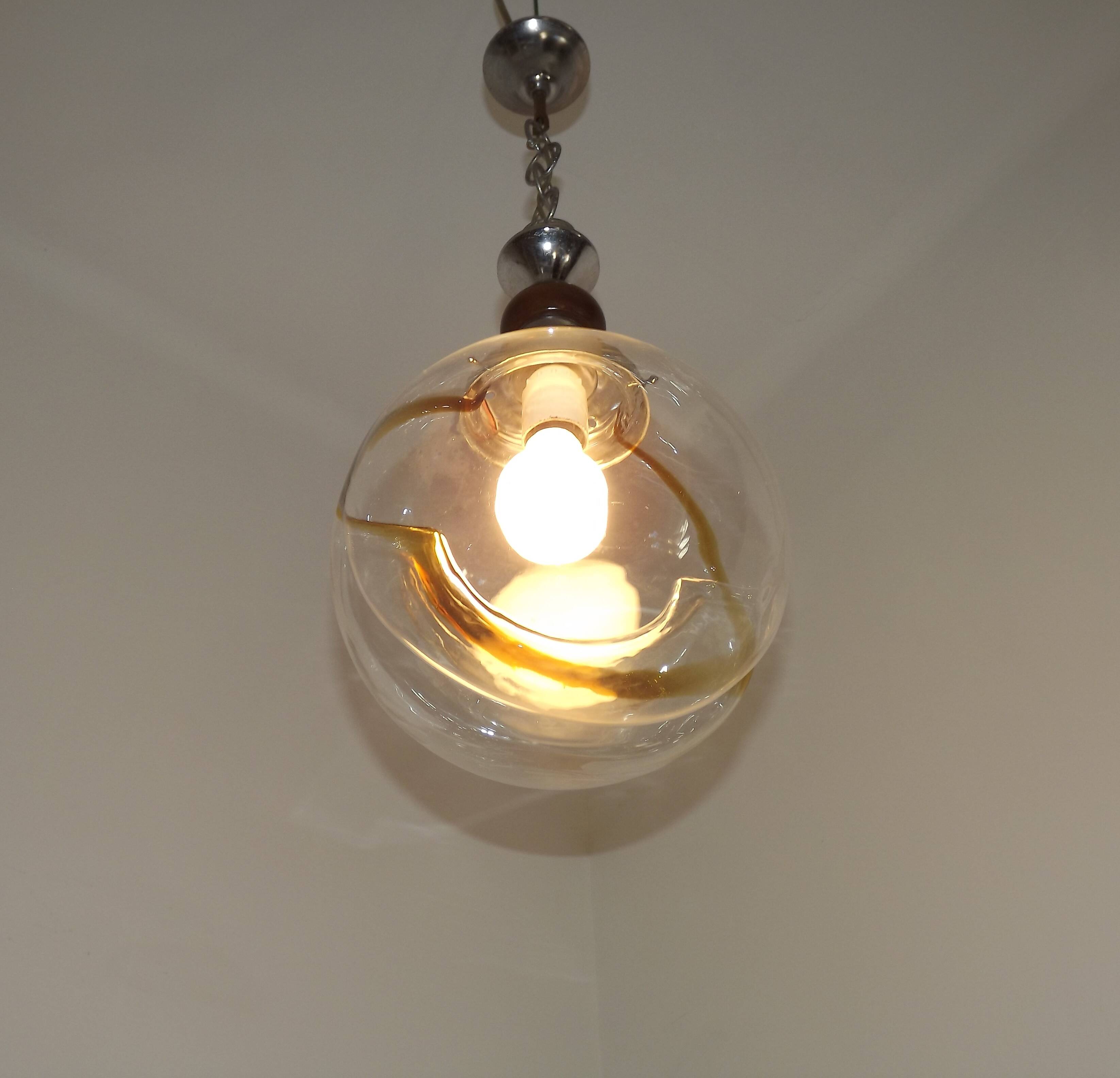 Vintage Murano Glass Globe Pendant Ceiling Light Amber Wave Mazzega Style