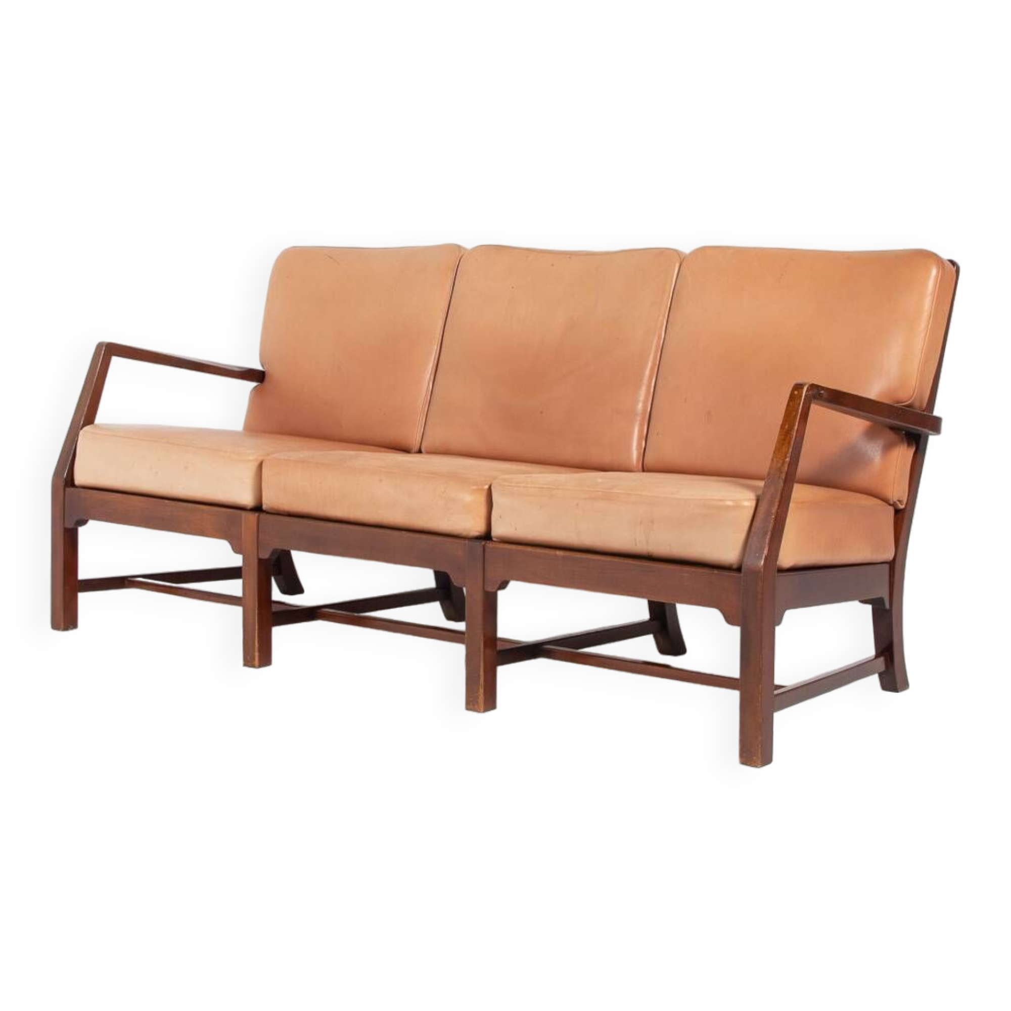 Mid-Century Danish Modern 3-seats sofa with cognac leather cushions
