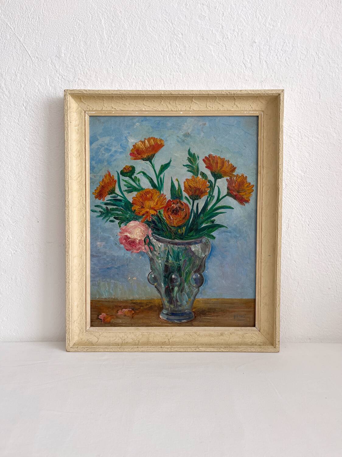 Old oil painting on panel bouquet of flowers