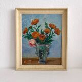 Tableau peinture ancienne huile sur panneau bouquet de fleurs