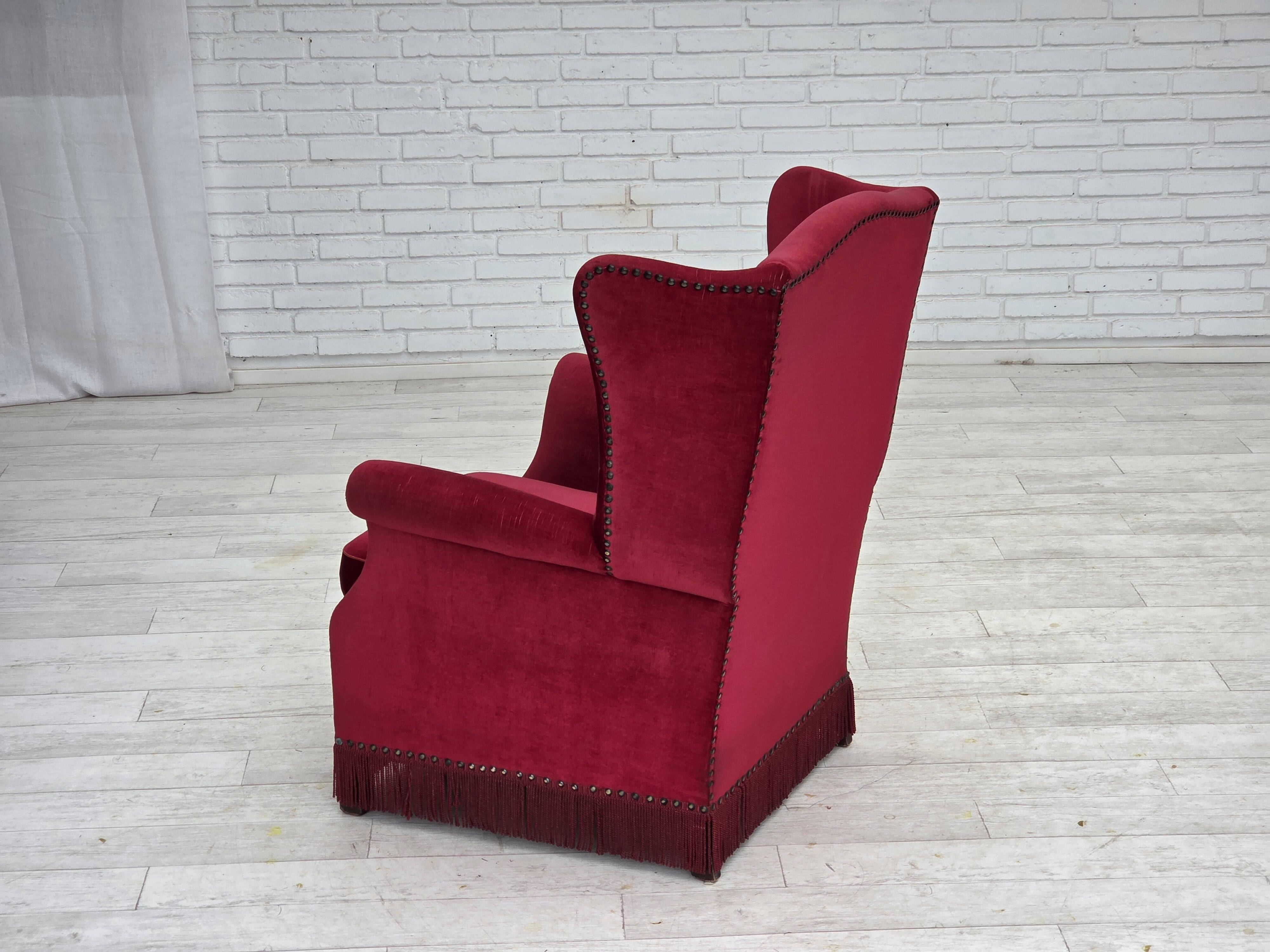 1970s, Danish highback armchair, red furniture velour, ash wood.