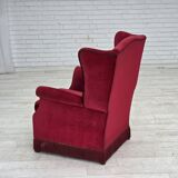 1970s, Danish highback armchair, red furniture velour, ash wood.