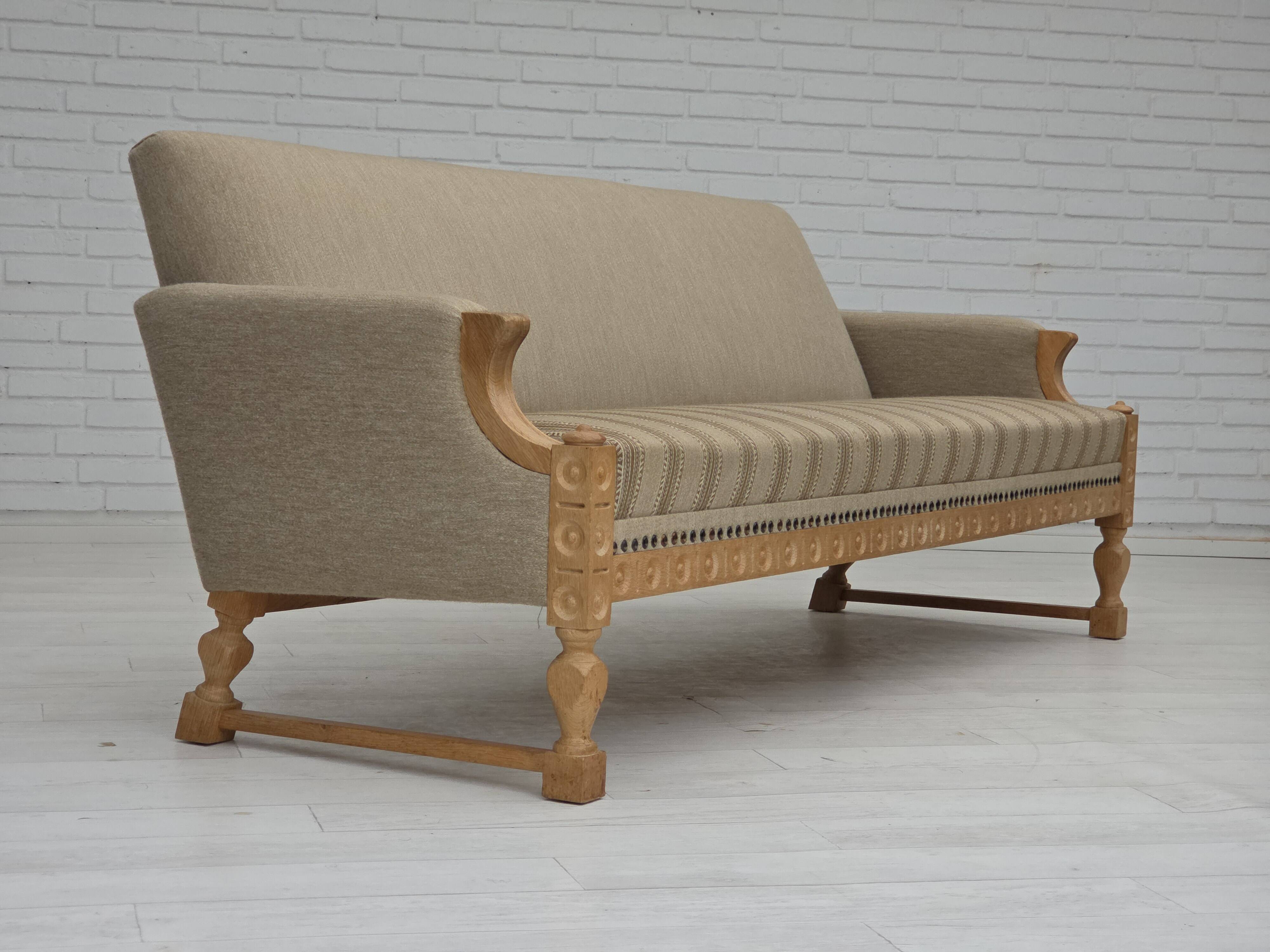 1970s, 3-seater Danish sofa, original beige furniture wool, solid oak wood.