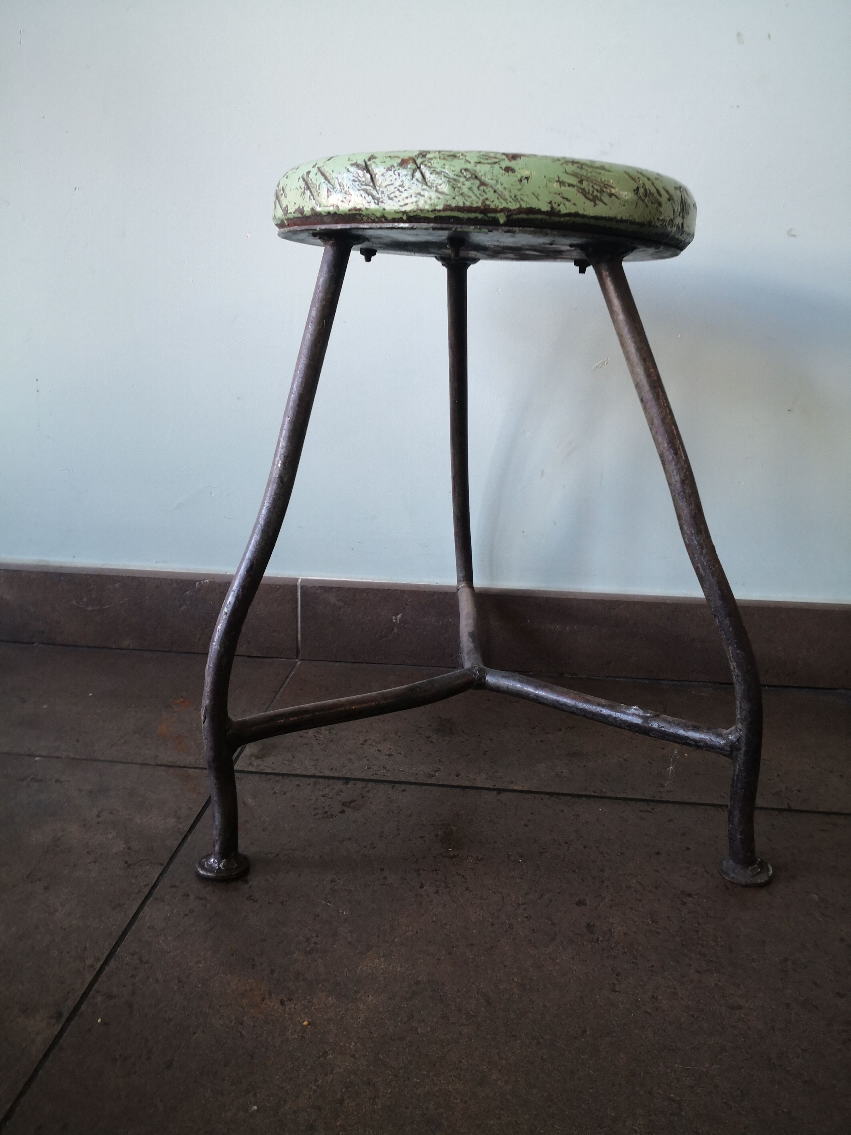 Vintage tripod stool, industrial style wood and metal