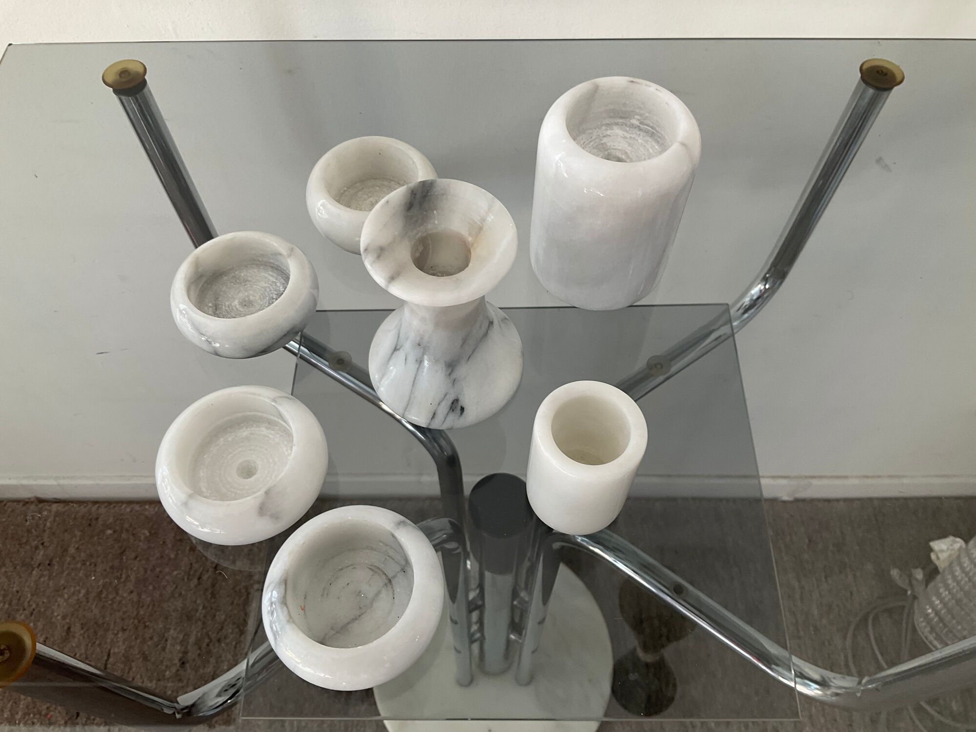 Series of 6 vintage candle holders in white marble 70s