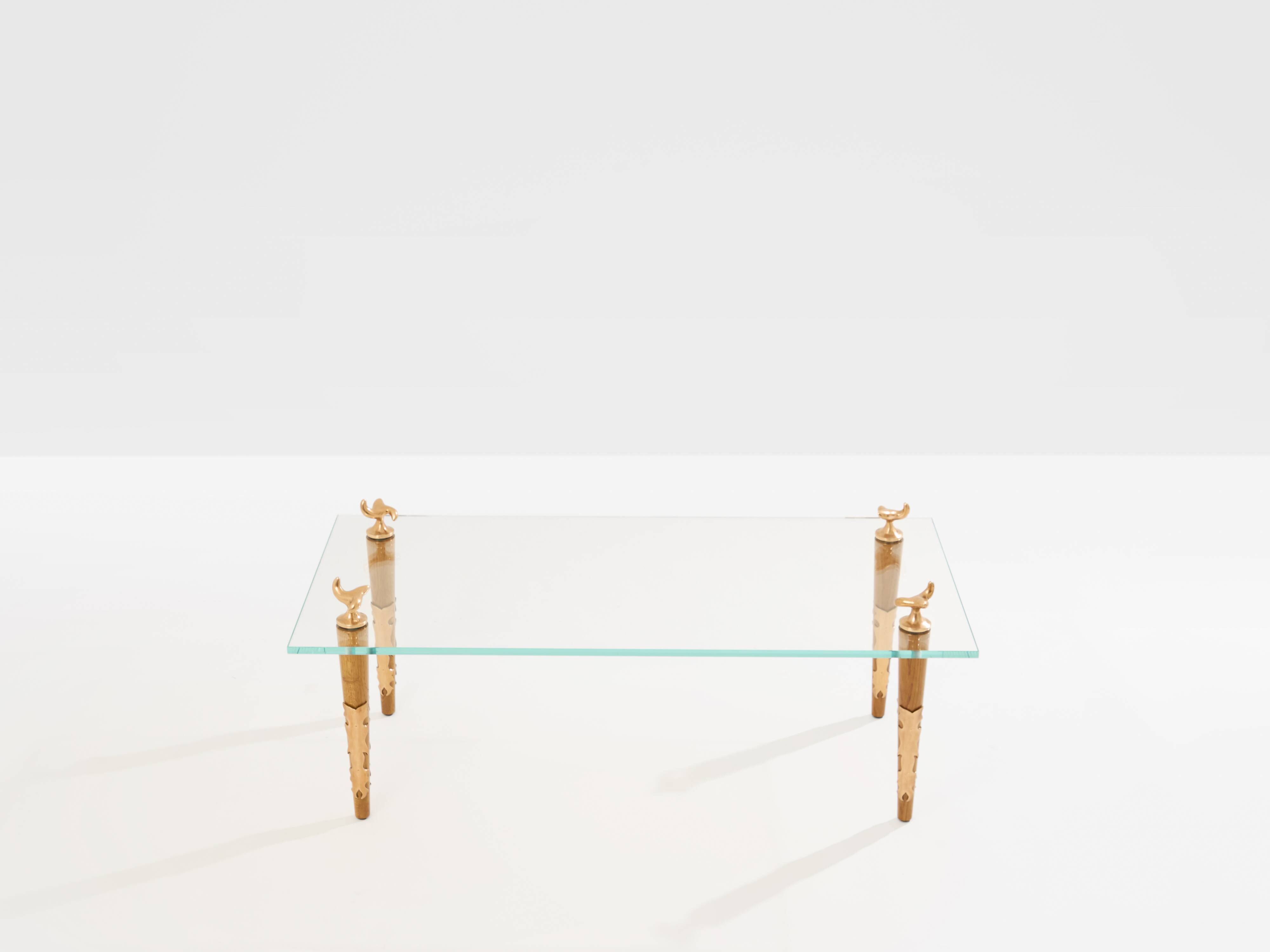 Table basse chêne bronze verre signée Garouste & Bonetti 1995