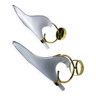 Pair of Italian hand blown Murano glass calla lily wall lights by Franco Luce, 1970s