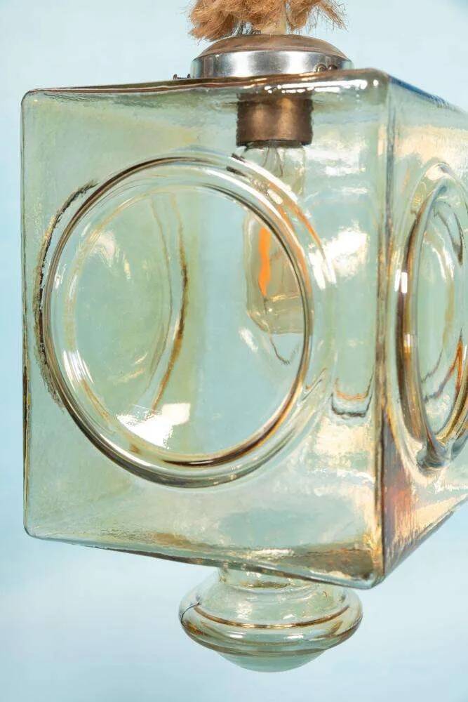 Japandi suspended glass lamp, vintage cubic bohemian glass lamp.