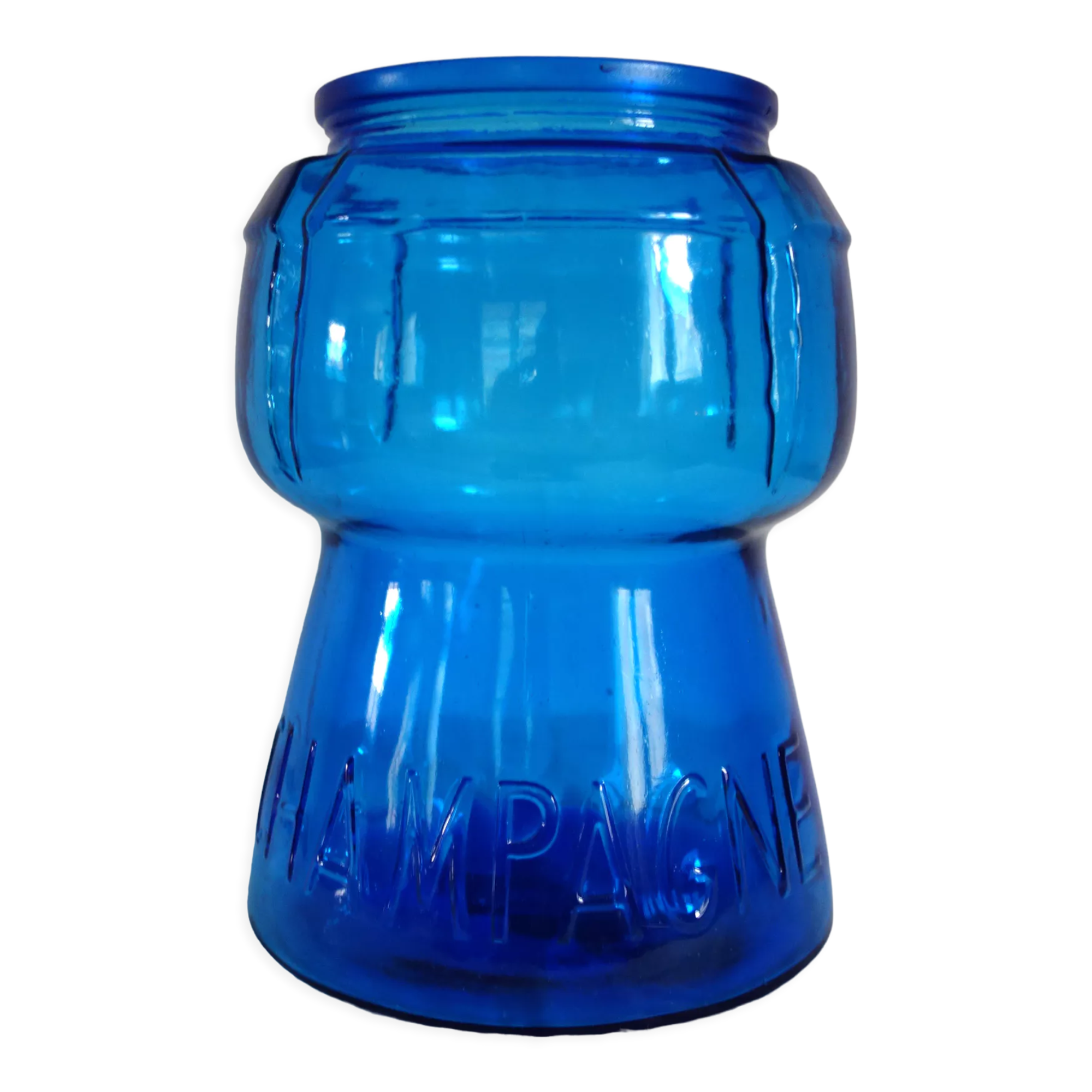 Champagne bucket vintage blue glass cork