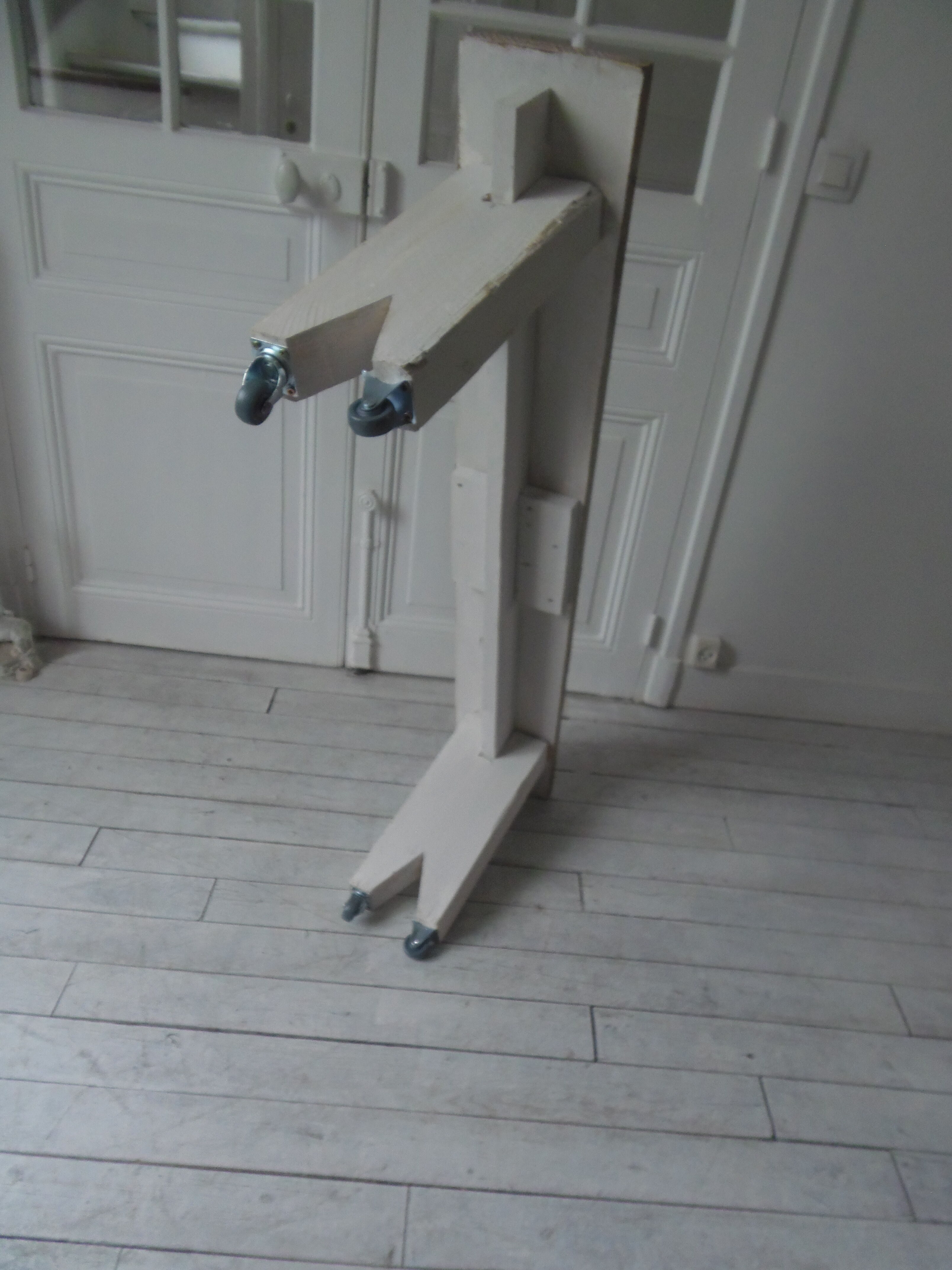 Bench in grey with wheels, bleached wood seating waxed finish