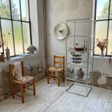 Pair of straw and pine chairs, mountain furniture