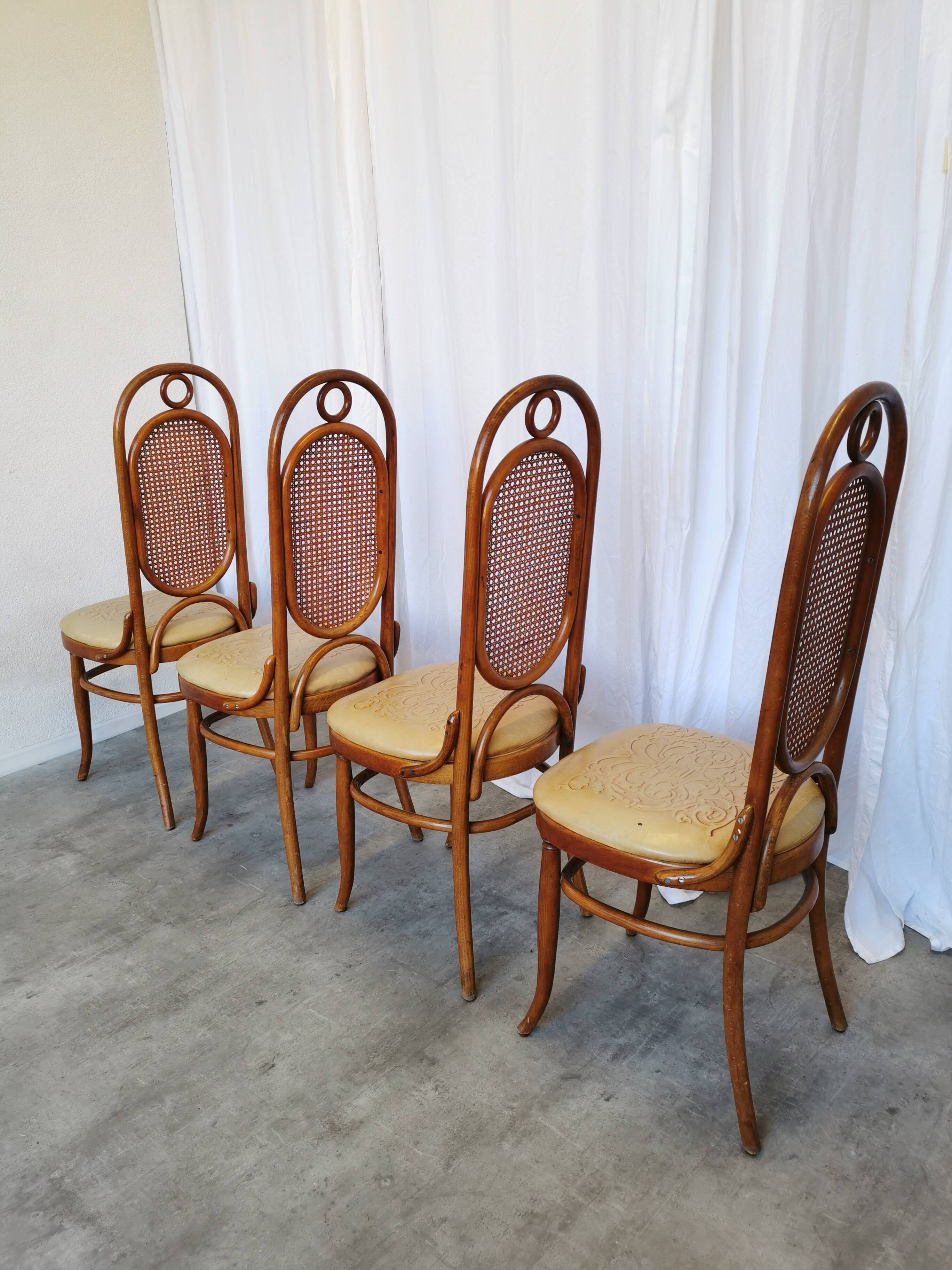 Set of 4 Vintage Bentwood Dining Chairs: Cane Back, Leather Seat, Thonet St