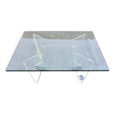 Table basse design années 1980 en verre et perspex (lucite)
