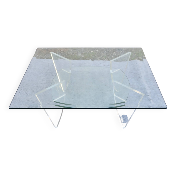 Table basse design années 1980 en verre et perspex (lucite)