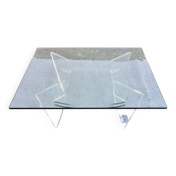 Table basse design années 1980 en verre et perspex (lucite)