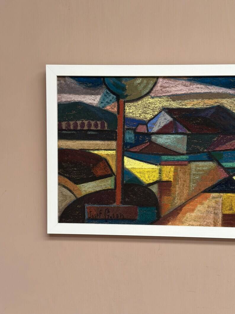 Large oil on panel by Josef Gustafsson, Cubist Landscape, Signed