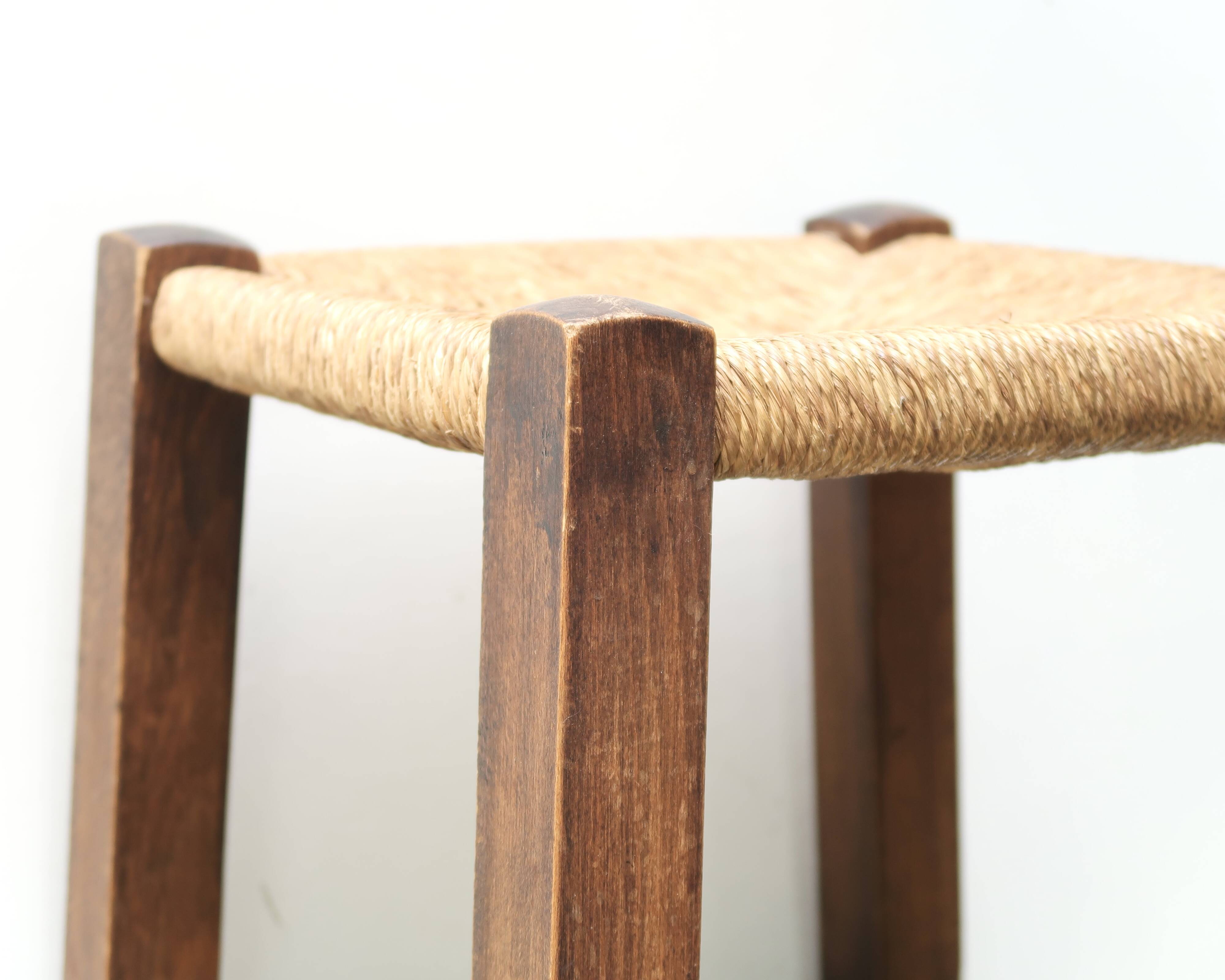 Wooden stool with straw seat, 1970s