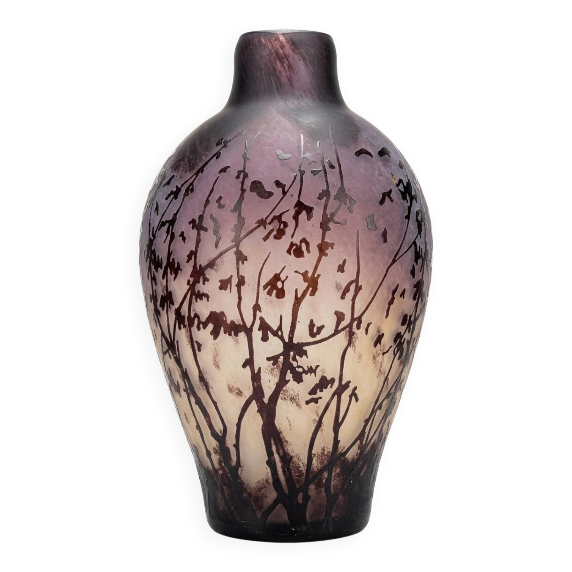 Acid-etched glass vase with a branch design.
