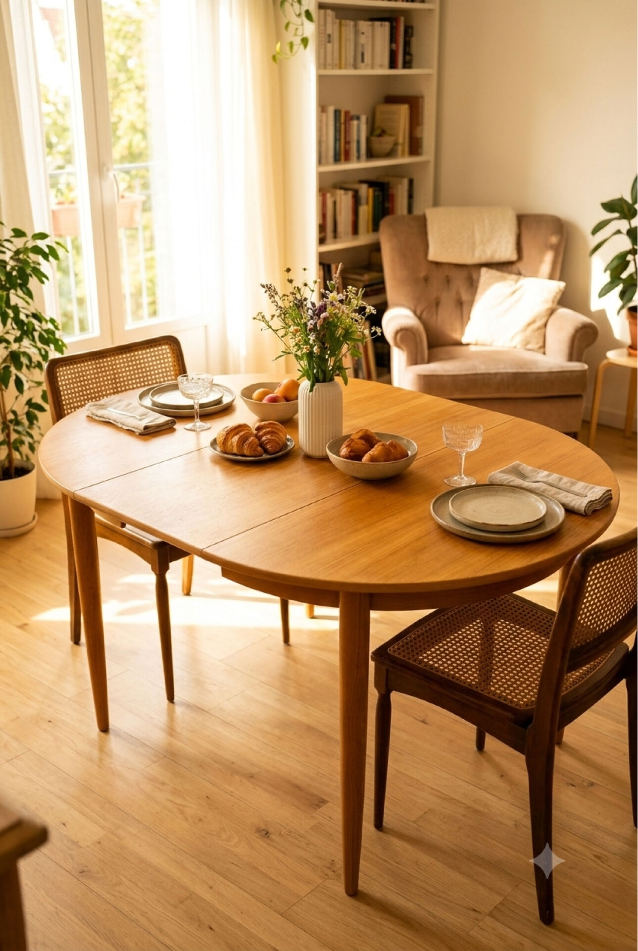 Table à manger scandinave ronde extensible décapée en teck 115cm