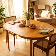Scandinavian round extendable dining table stripped in teak 115cm
