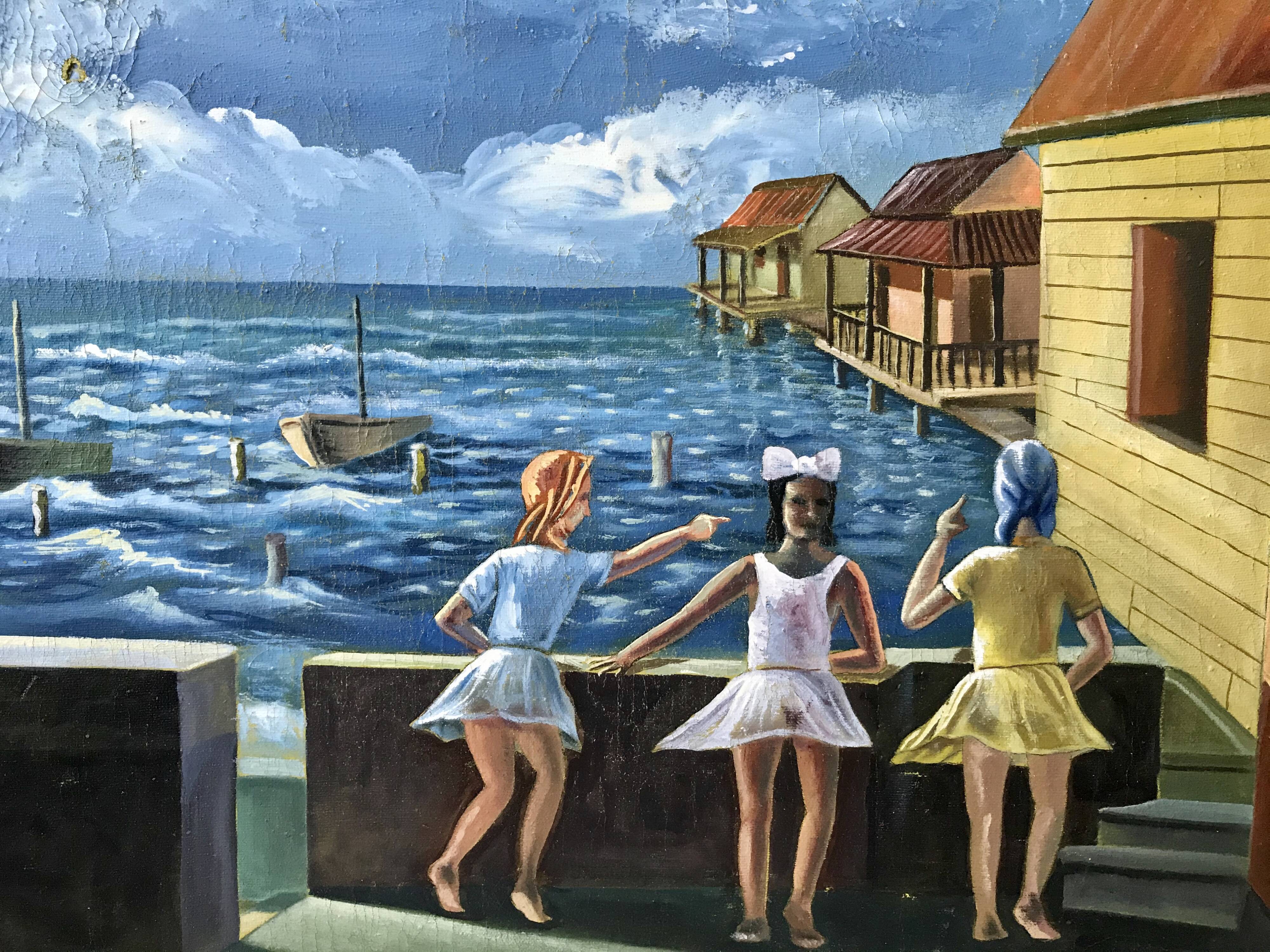 Tableau ancien mer enfants signé vintage