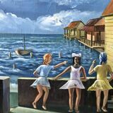 Tableau ancien mer enfants signé vintage