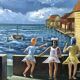 Tableau ancien mer enfants signé vintage